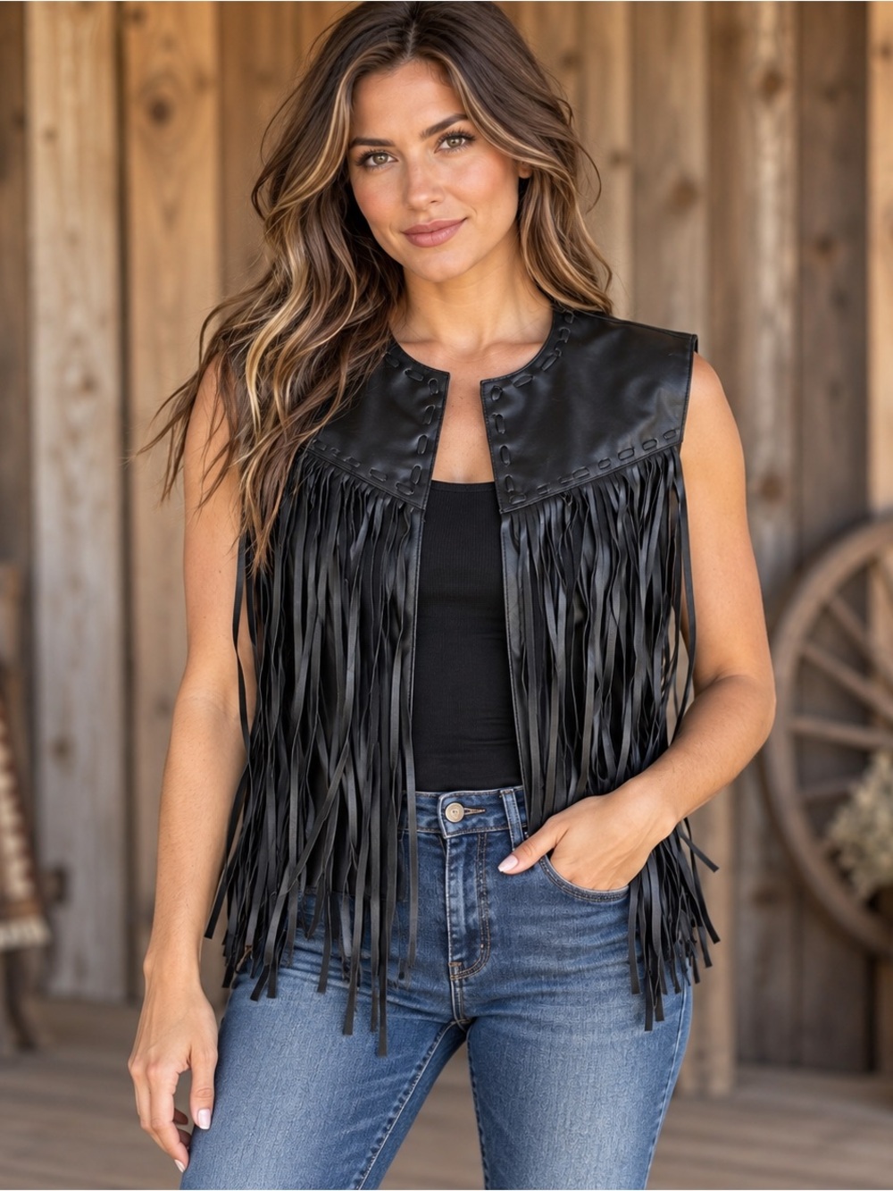 Rockin C Black Faux Leather Fringe Western Vest Size L